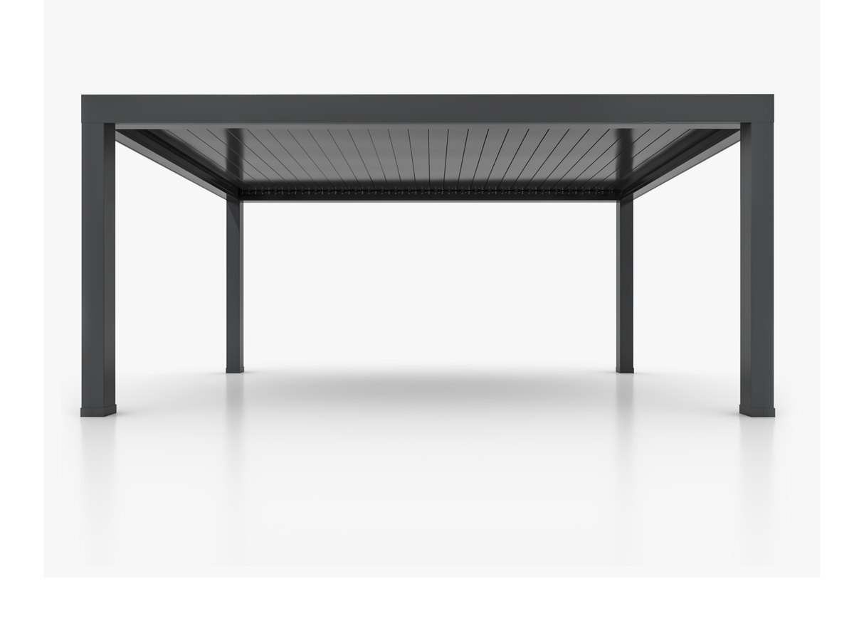 A complete Pergola Pros frame, showing all four posts, the beam and the louvred roof